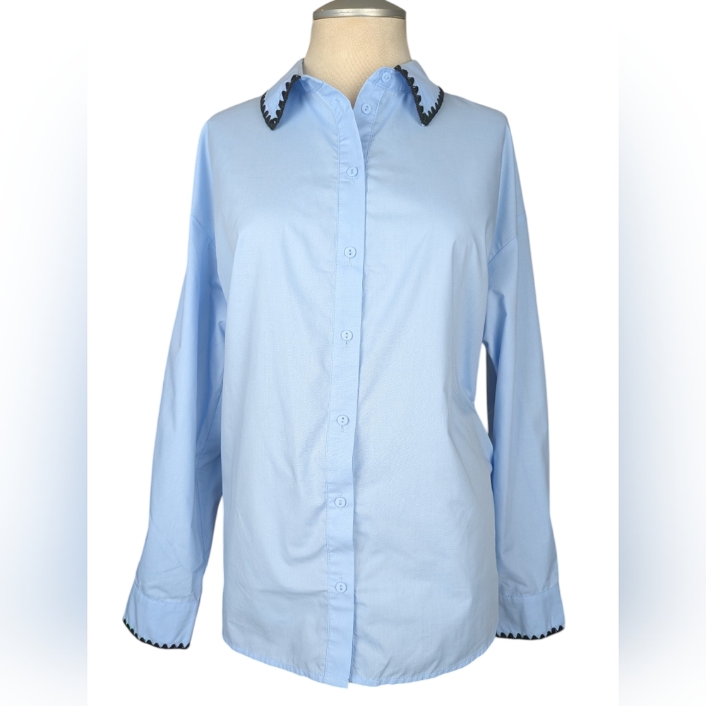 Only Soft Chambray Oversized  Button Down With Navy Triangle Embroidered Trim